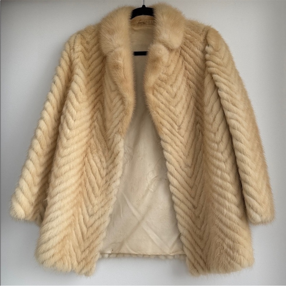 Vintage Mink Fur Coat Beige Chevron Natural Real Cream Jacket 🖤